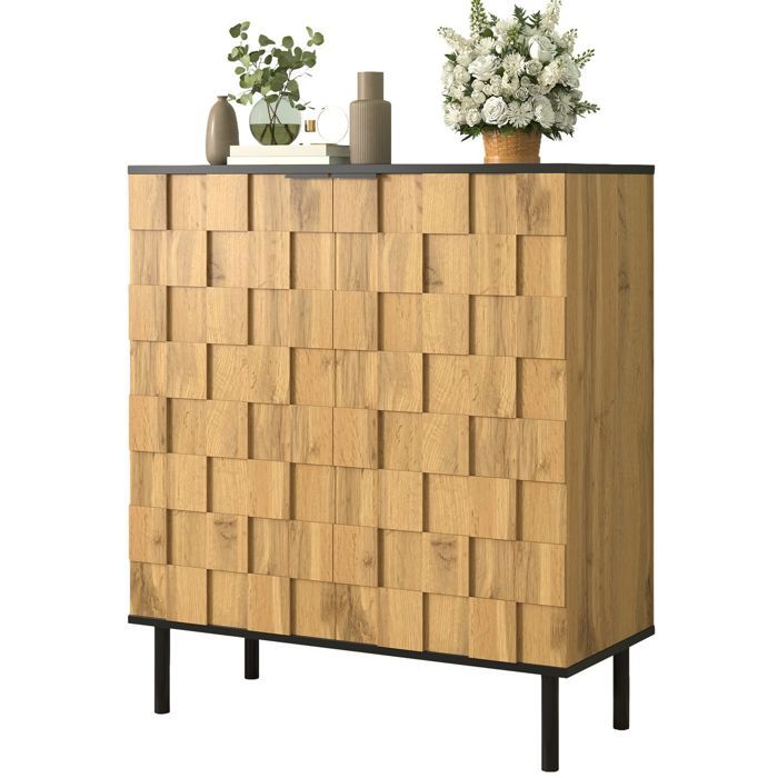 Meuble à Chaussures 2 portes style mosaïque aspect bois panneau de particules pieds métal compartiments réglables en hauteur