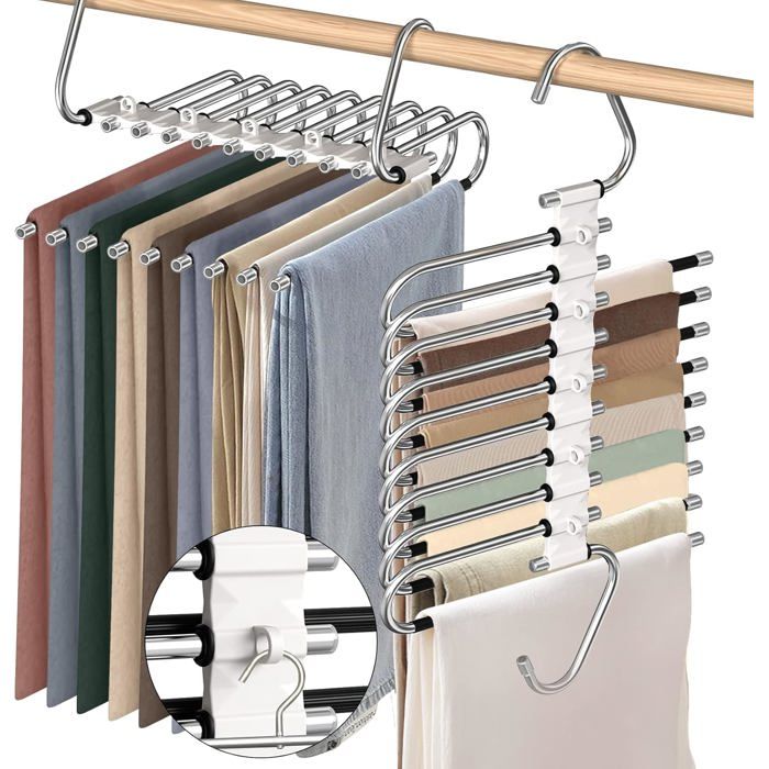 Cintre Pantalon Gain de Place 9 Niveaux Lot de 2 Rangement Armoire en Acier Inoxydable Antidérapant Beige