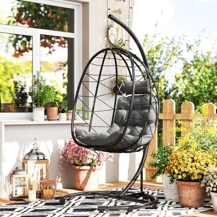Fauteuil suspendu (Egg Chair) - 102 x 102 x 195 cm - Gris foncé - Coussin rembourré - Résistant aux intempéries