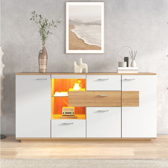 COVREO Buffet bas 160x40x77 cm avec LED 2 portes 4 tiroirs tablette en verre blanc et aspect bois