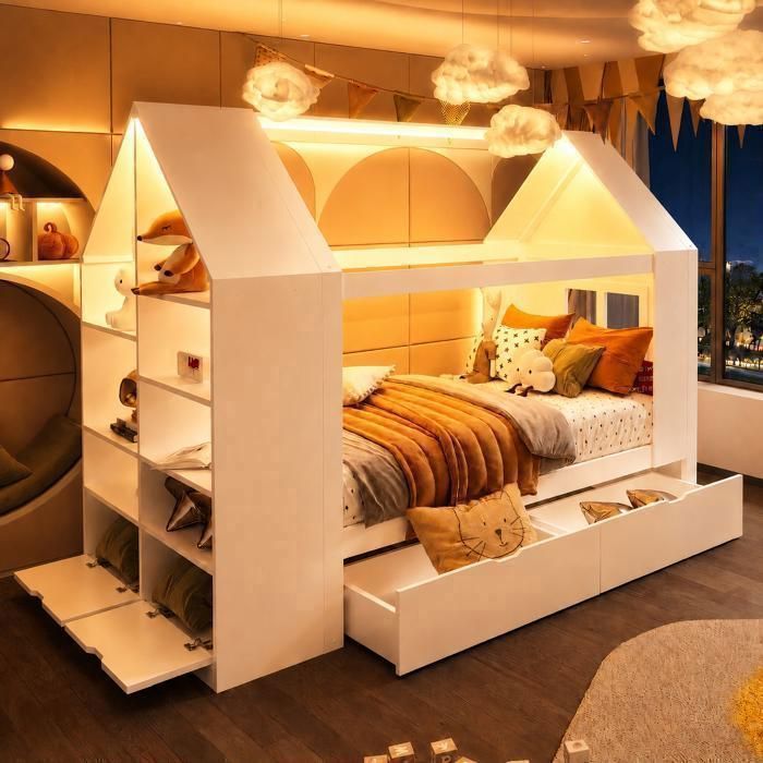 Lit Enfant 90x200 cm - Lit cabane - Lit Simple avec rangement -avec 2 tiroirs et LED - avec Sommier à Lattes -blanc