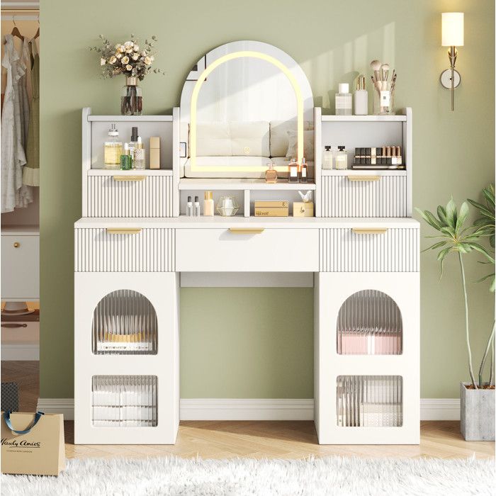 Coiffeuse blanche 120 x 40 x 1395 cm avec miroir LED 3 tiroirs 2 portes vitrées et étagères