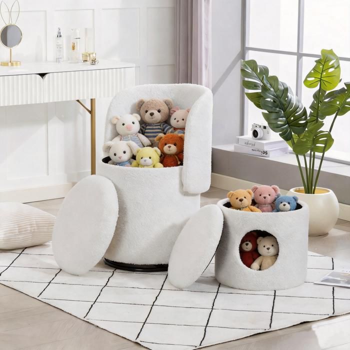Fauteuil Teddy Blanc Pivotant Chaise Baril Moderne FloraGrace Pour Chambre Avec Rangement Integre 48x52x75cm