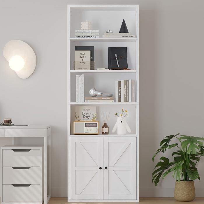 Bibliothèque avec portes 4 étagères Idéale pour bureau salon ou cuisine 60×30×181cm Blanc