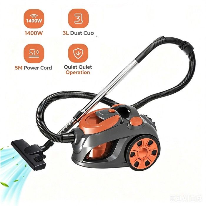 Aspirateur Traîneau 1400W Cuve 3L Enrouleur Fil 5m Silencieux & Multi-Cyclone Filtre Lavable Sols Durs & Moquettes