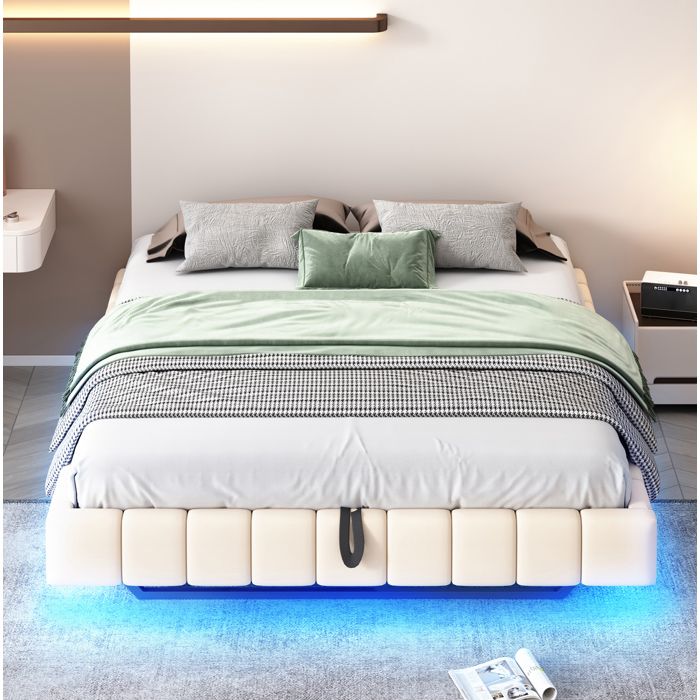 Lit double 160 x 200 cm rembourré en lin beige effet flottant avec LED coffre de rangement hydraulique