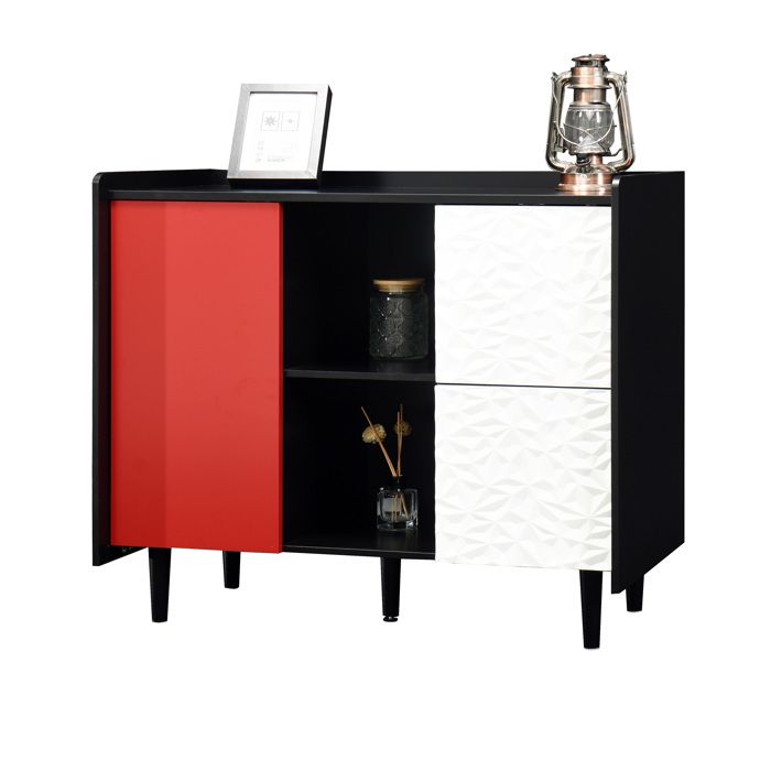 Meuble bar à café noir à portes rouges 2 tiroirs avec panneaux décoratifs et 2 niches ouvertes