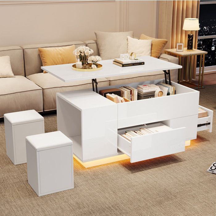 Table basse relevable AESVAR 100 x 50 x 45 cm avec LED 2 tiroirs 2 tabourets de rangement blanc
