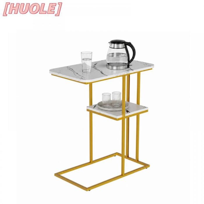 Table dappoint à pieds en fer étagère à deux niveaux pour salon ou chambre 50 × 30 × 58 cm rangement marbrée et dorée.