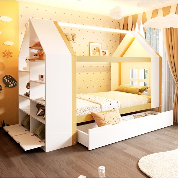 Lit cabane enfant 90x200 cm avec 2 tiroirs LED étagères et rangement rabattable sans matelas - MEUVYX