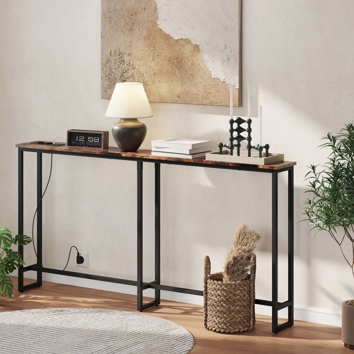 Table console meuble dentrée pour couloir étroit montage avec notice illustrée patins antidérapants 160 x 20 x 80 cm brun