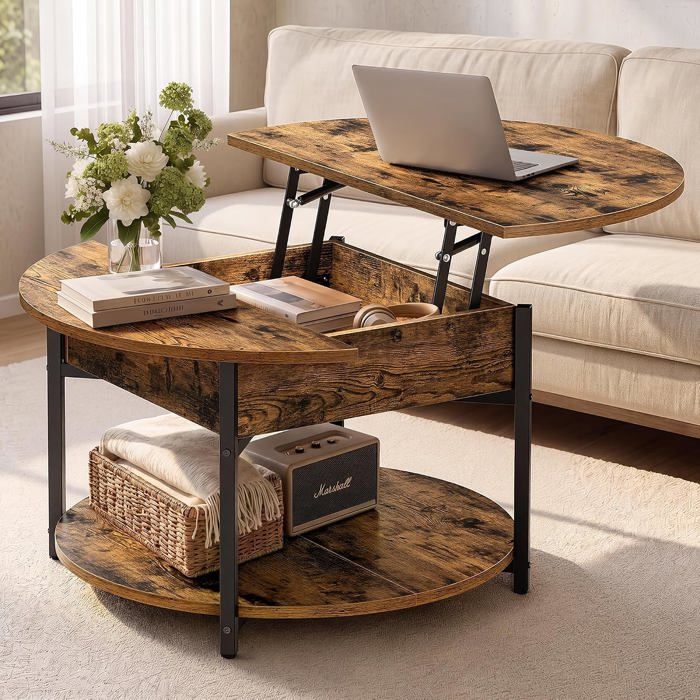 Table Basse Relevable Ronde 80x80 cm Bois Marron avec Rangement - Plateau Relevable Style Industriel Salon Fonctionnel