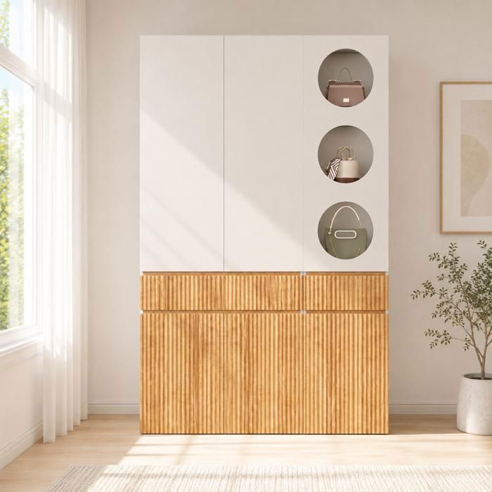Armoire Chambre 6 Portes Bicolore Blanc et Chêne Clair 3 Hublots 2 Tiroirs Striés Penderie Grand Dressing 135x50x200cm Armoire Chambre 6 Portes Bicolore Blanc et Chêne Clair 3 Hublots 2 Tiroirs Striés Penderie Grand Dressing 135x50x200cm