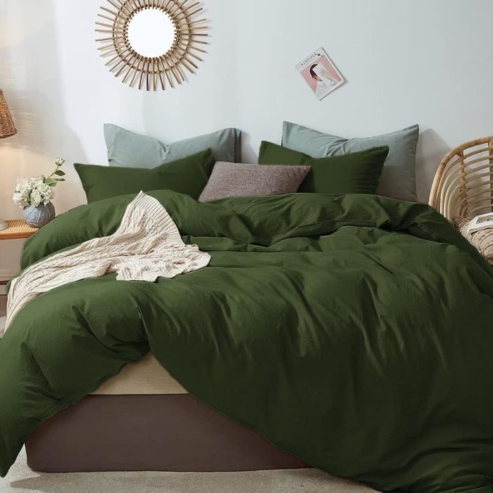 Housse De Couette Vert Olive 240 X 260 Parure De Lit Microfibre 2