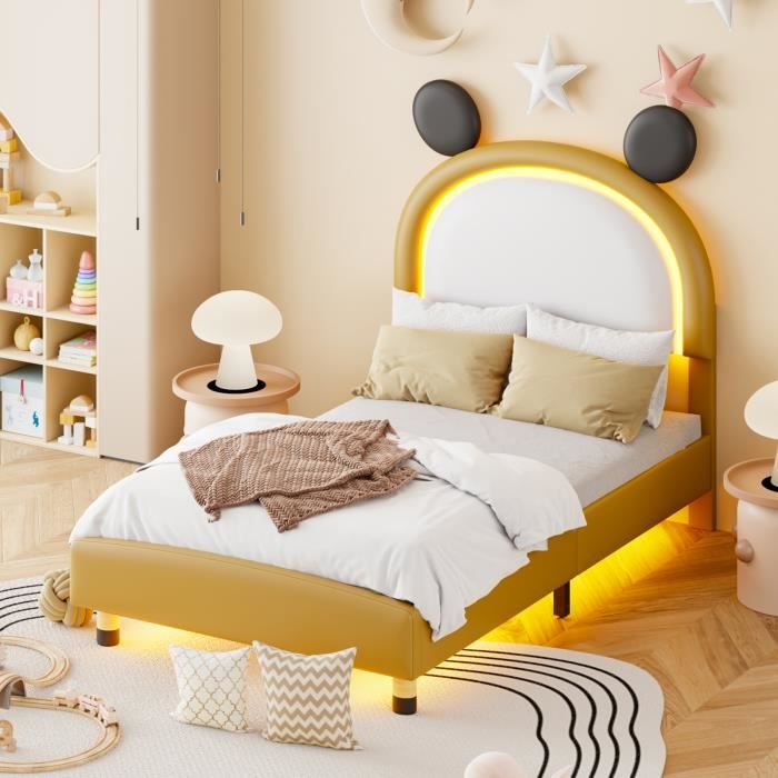 lit enfant lit capitonné 90 x 200 cm, cuir pu avec lumière led, style unique avec lit plat à lattes, jaune-marron
