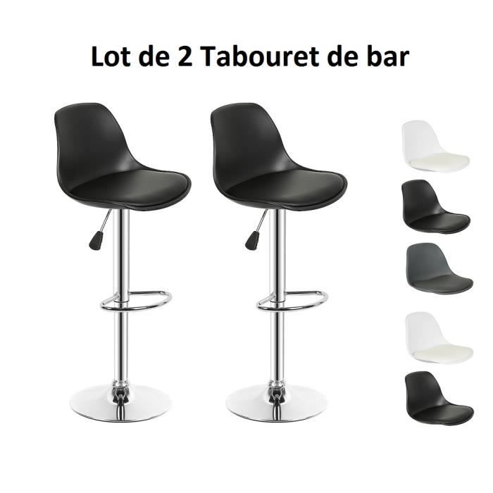 Lot de 2 Tabouret de bar en cuir PU noir - YOULUOLI - Rotation 360° - Réglable en hauteur