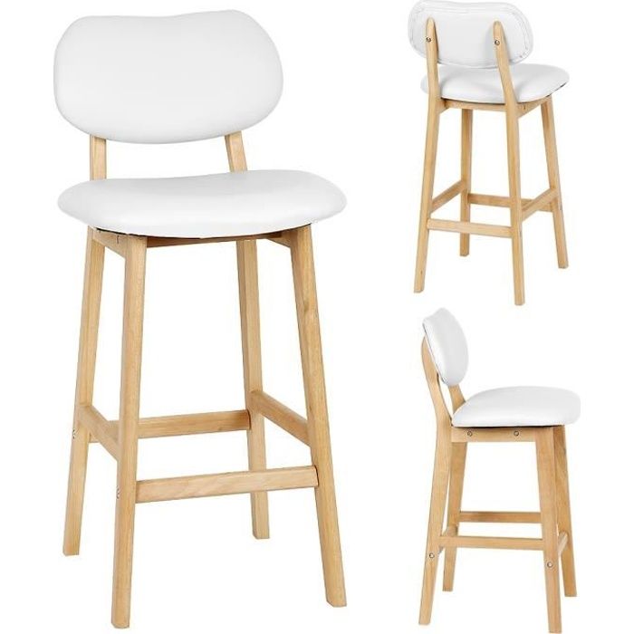Lot de 2 chaise de bar design scandinave Blanc Bois Naturel Tabouret