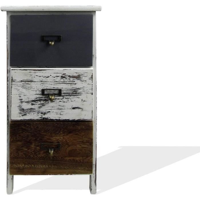 Table de Chevet 3 Tiroirs Commode, Bois, Style Vintage, Blanc Gris ...