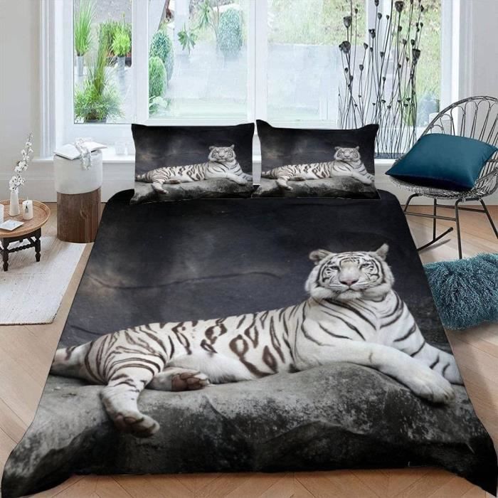 Housse De Couette 140x200 Cm Motif Tigre 3D - Microfibre Douce Avec 2 Taies D'oreiller 65x65 Cm - Parure De Lit Sauvage