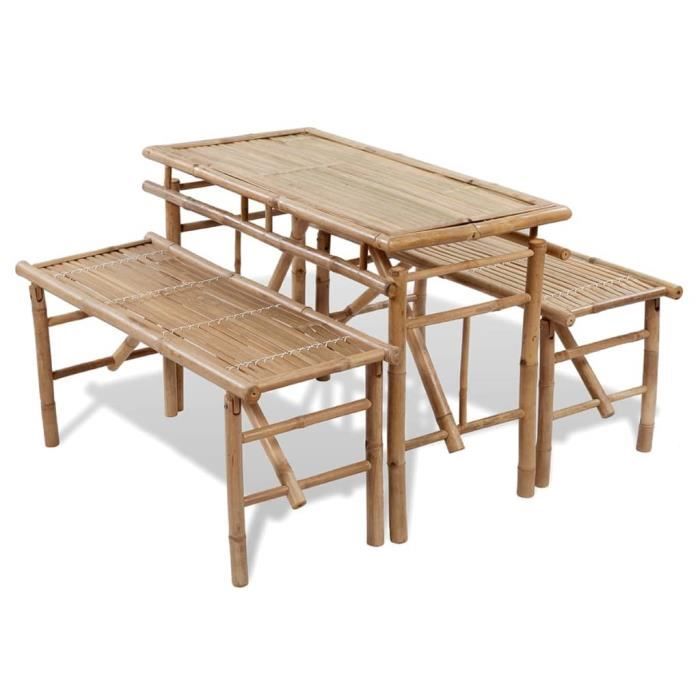 Ensemble de jardin - JILL - Table avec 2 bancs en bambou - Pliable et portable - Marron