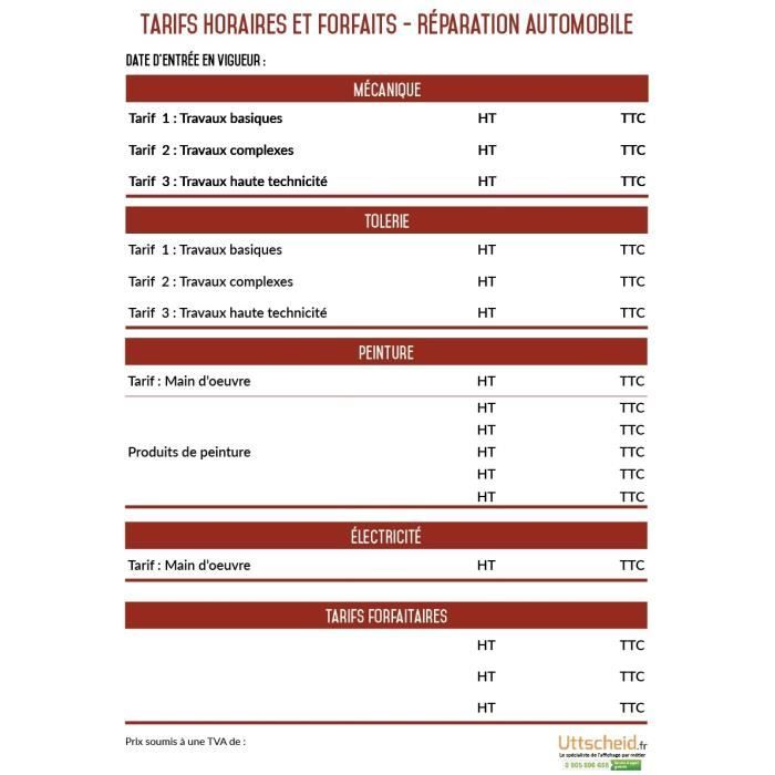 Affichage des tarifs horaires des réparations automobiles A4 Cdiscount BeauxArts et Loisirs