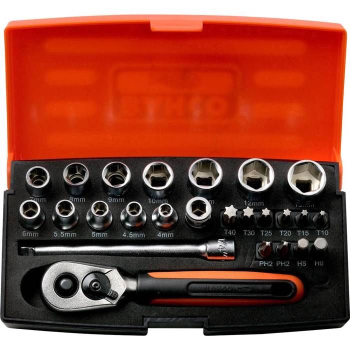 Bahco SL25 - C de douilles et accessoires 25 pièces, profil Dynamic Drive, cliquet 1/4" Orange pour garçon - vue 1