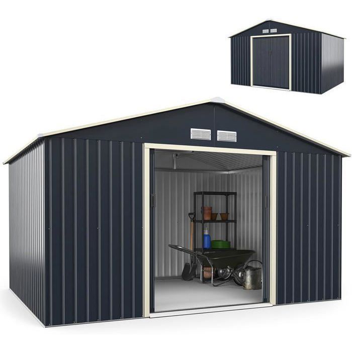Abri de Jardin en Acier Coloré 808 m² 340x255x210 cm COSTWAY-4 Fentes dAération-Porte Coulissante Verrouillables pour Vélo-Gris