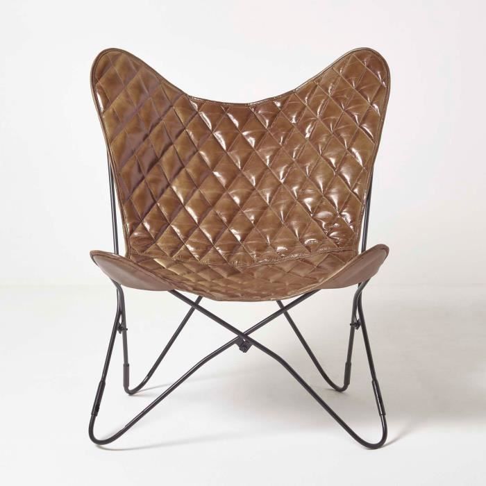 Fauteuil Papillon En Cuir Véritable Marron – Dimensions 74x66x90 Cm, Design Vintage, Structure Fer