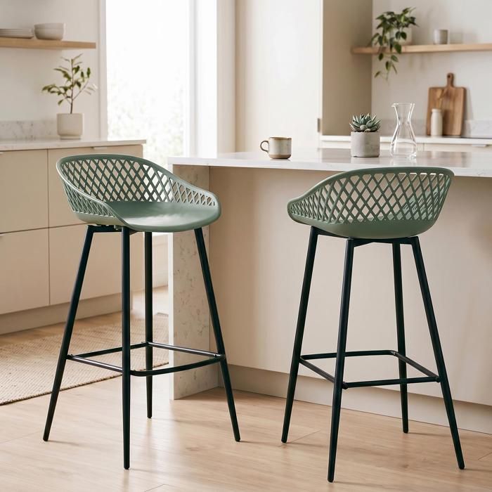 Lot de 2 tabourets de bar IREK chaise haute pour cuisine ou comptoir au design retro en plastique vert de gris et métal noir