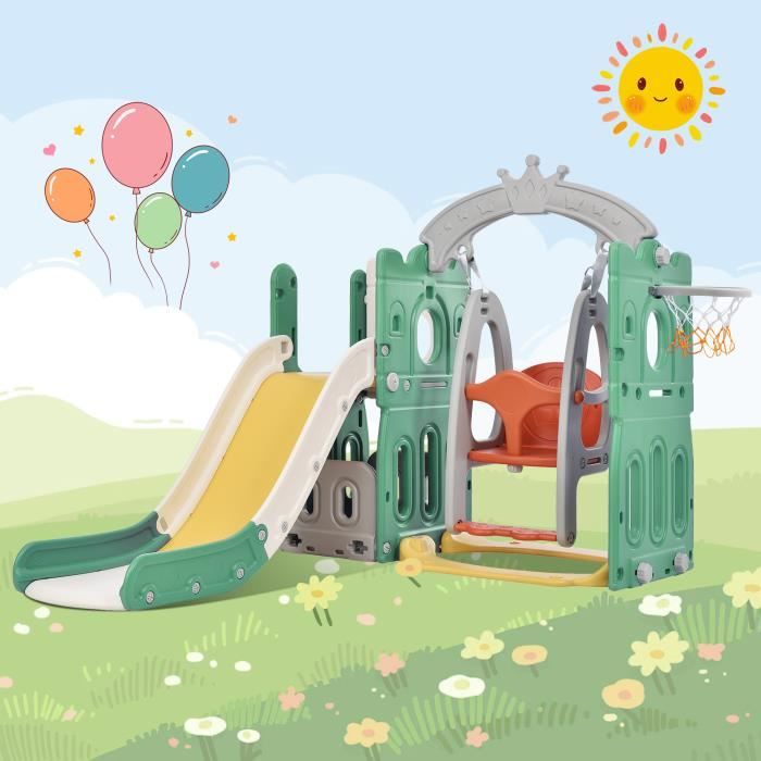 KILISKY Toboggan 5 en 1 pour enfants, toboggan, escalade, rangement, balançoire, cadre de basket-ball en PEHD