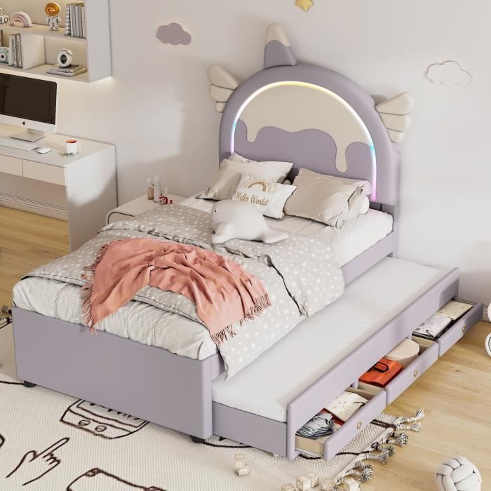 Lit enfant 90x200cm Lit rembourré PU Lit gigogne avec Tête de lit licorne 3 tiroirs et sommier à lattes - violet