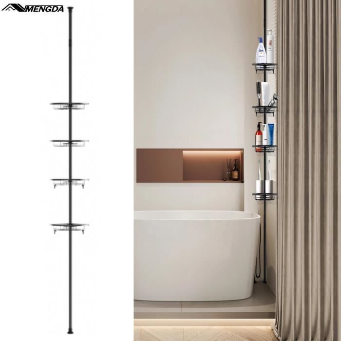 étagère de douche réglable en hauteur - mengda - noir - acier inoxydable - 4 paniers de douche - sans percage