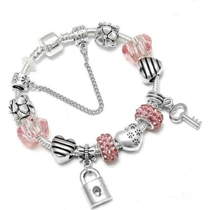 bracelet charm's clé cadenas cristal rose argent fin rhodié (3 tailles)