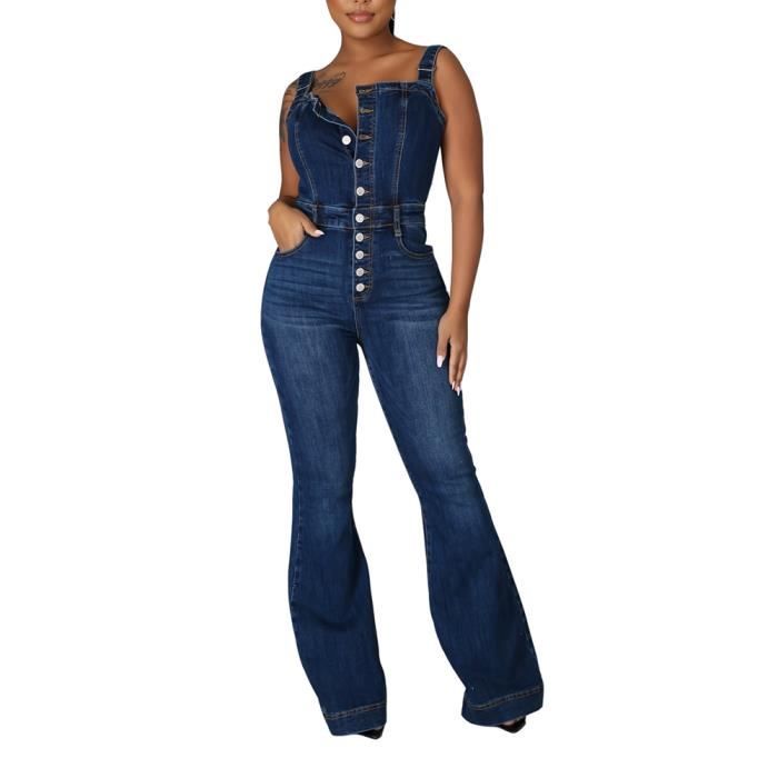 Combinaison en jean coulisse taille boutonnage manches longues mode femme  denim bleu foncé - Combinaisons - Bas