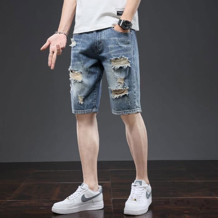 Short en Jean Homme Été Déchiré Slim Fit Casual Bermuda d'Eté Bleu