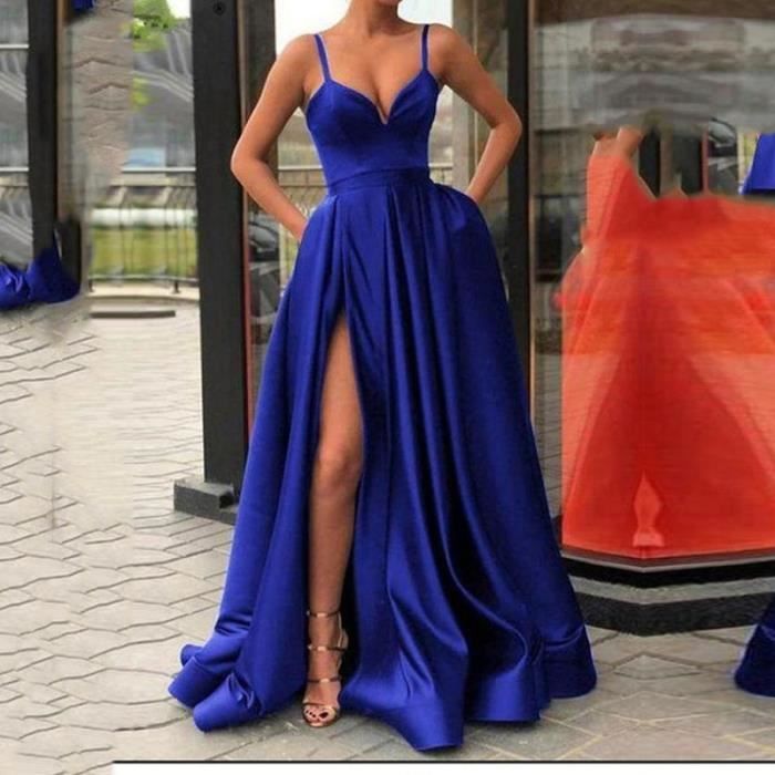 Robe de Soiree Chic Longue Sans Manches Femme col en V Plisse de Bal A-Line  elegante Longue Taille Empire Robe Bal - bleu NYSTORE