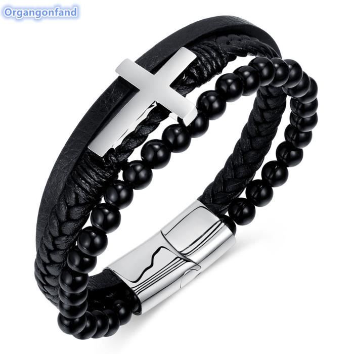 Bracelet Homme En Cuir Véritable Tressé Noir Et Marron - Fermoir Magnétique Acier Inox, Taille Ajustable, Boîte Cadeau Luxe