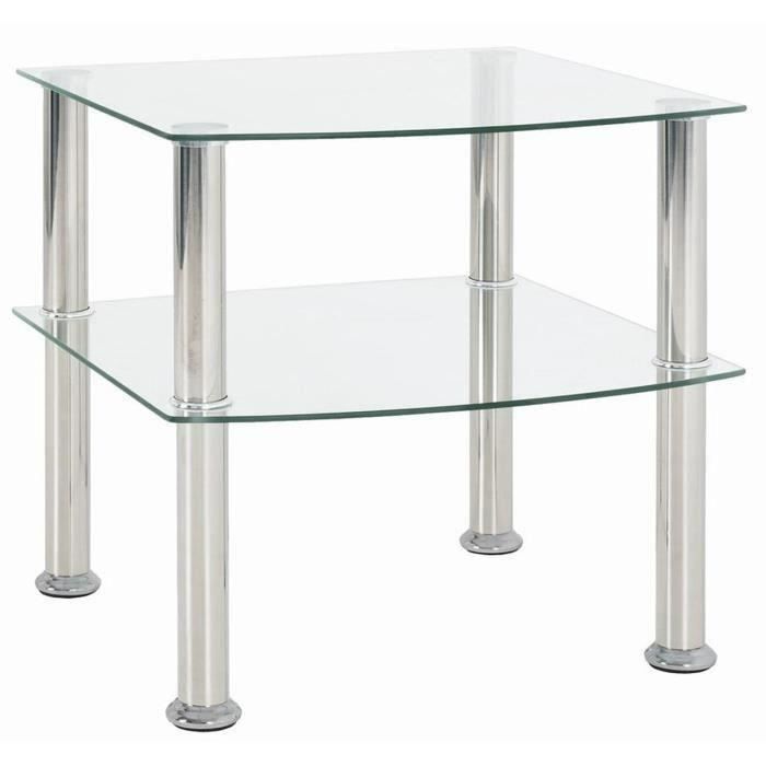 table d'appoint en acier inox-verre transparent - dim : l 45 x h 45 x p 44 cm