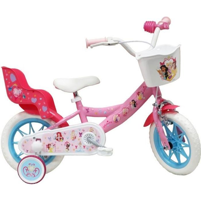 Vélo enfant 12'' PRINCESS / DISNEY Pour enfant < 90 cm équipé de 1 Frein, panier avant, porte poupée et stabilisateurs amovibles