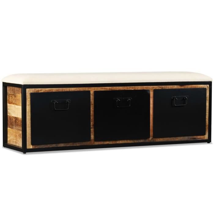 abb banc de rangement avec 3 tiroirs - qqmora -vintage -marron et noir -bois de manguier massif + cadre en fer forgé -120x30x40cm