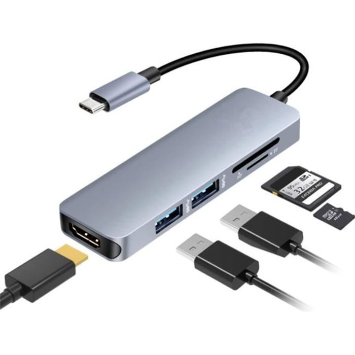 BACAKSY Adaptateur USB C 5 en 1 Hub USB C Aluminum avec Port de Charge Type C Lecteur de Carte SD/TF pour Macbook Dell XPS Macbook Pro/Air HP Spectre 12/13 et Plus 2 SuperSpeed Ports USB 3.0 