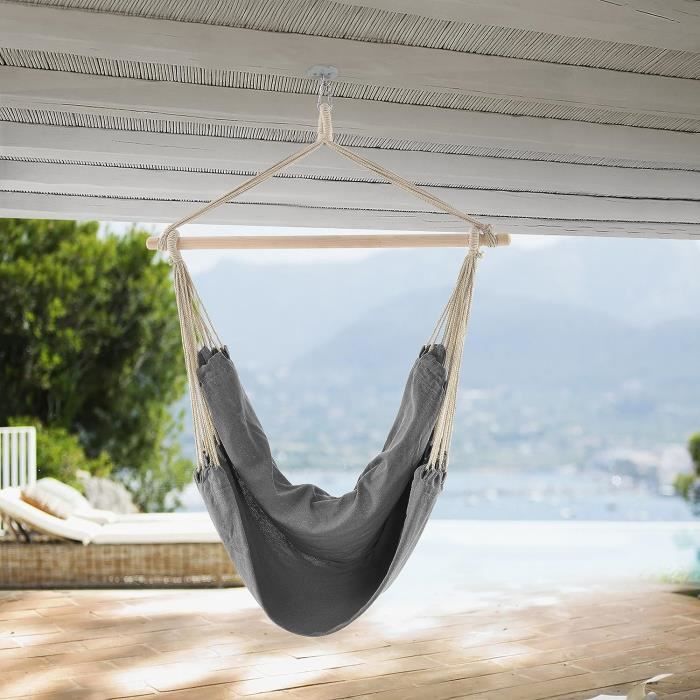 Detex Fauteuil Hamac Suspendu Gris - 185x130x155 Cm, Ultra Confortable 150 Kg, Intérieur/Extérieur Avec Coussin Et Barre Bois Massif