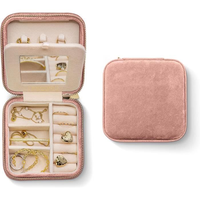 Boîte à Bijoux Voyage En Velours Avec Initiale S – 16x11x5 Cm, Avec Miroir, Double Couche, Rangement Organisé