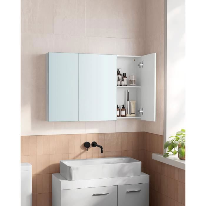 Meuble Haut de Salle de Bain - SONGMICS - Armoire Murale Salle de Bain - avec Miroir et Étagère Réglable Blanc