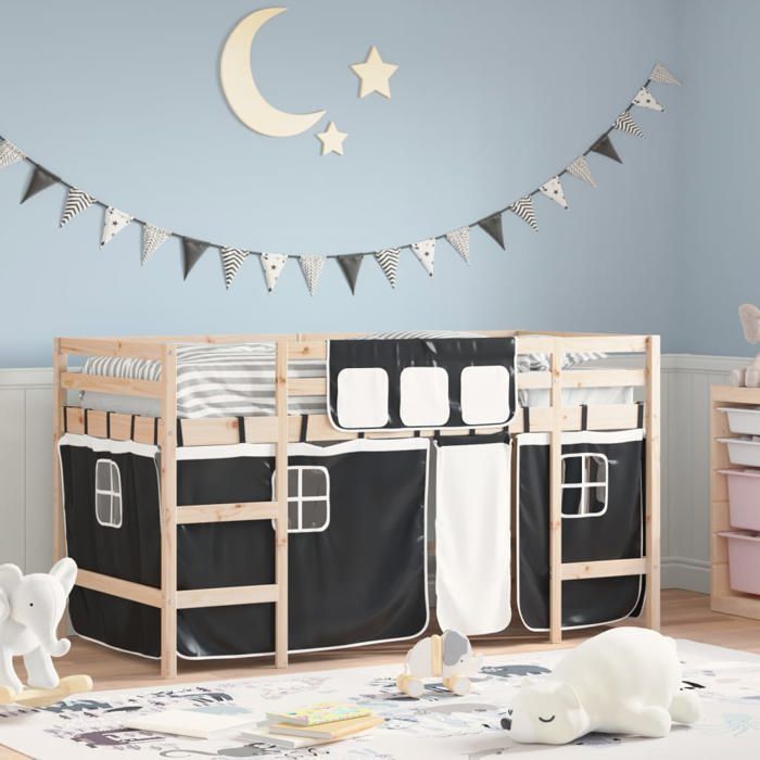 vidaXL Lit Mezzanine Enfants et Rideaux Lit Surélevé pour Enfants avec Échelle Meuble de Rangement Chambre Moderne Blanc 3206955