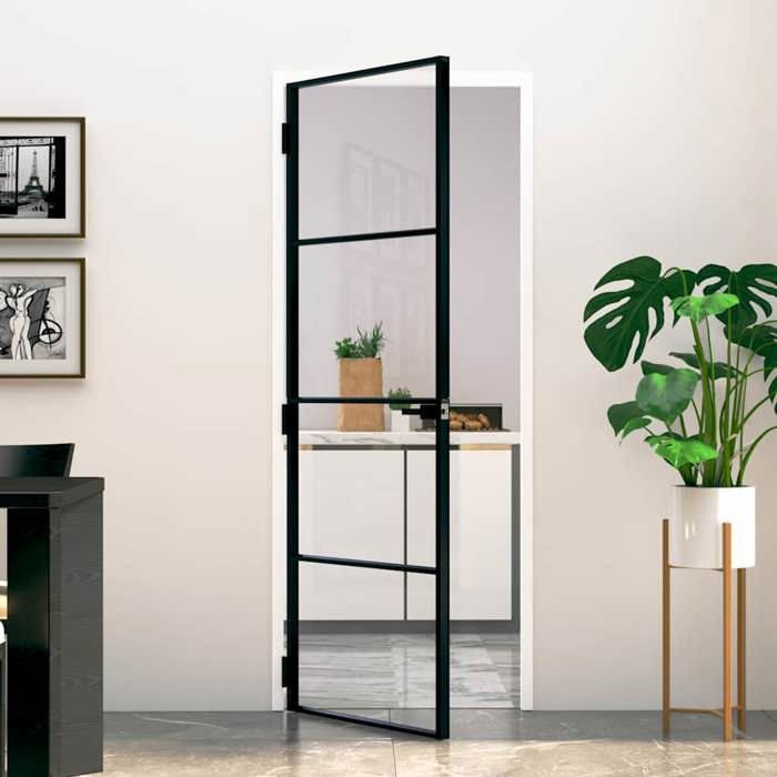 vidaXL Porte dintérieur Noir 76x2015 cm Trempé verre aluminium fin 153658