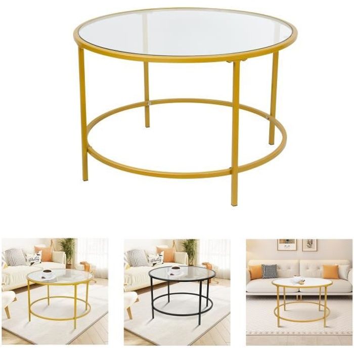 willonin® table basse ronde de salon, plateau en verre trempé et armature métal dorée, bout de canapé 70x45.5 cm