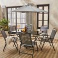 Table de jardin avec 6 fauteuils pliants gris et un parasol 2m. anthracite. structure acier avec revêtement anti rouille-1