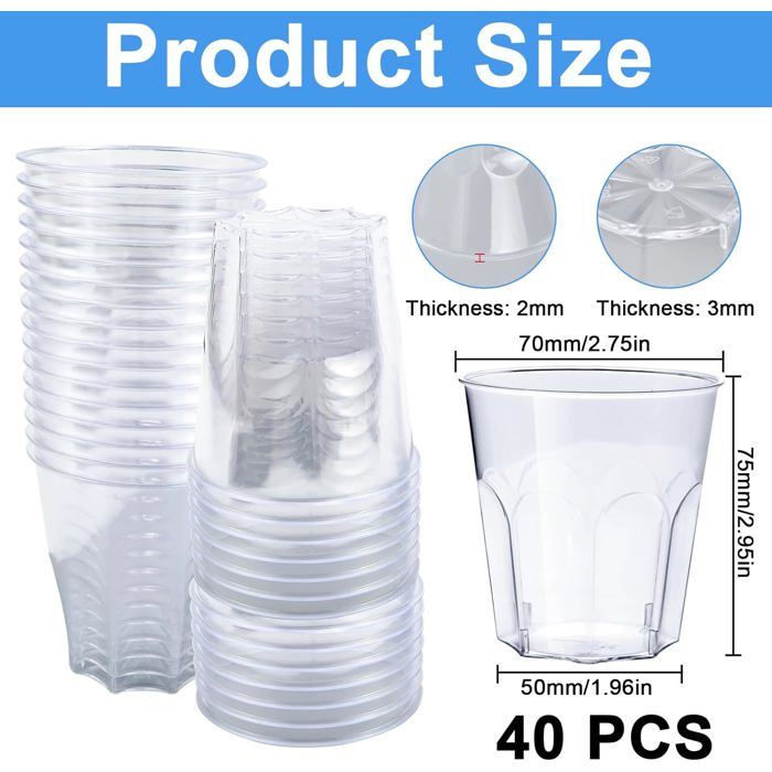 Lot De 40 Gobelets Plastique Dur ZHANChen 200ml - Transparents, Réutilisables - Pour Fêtes