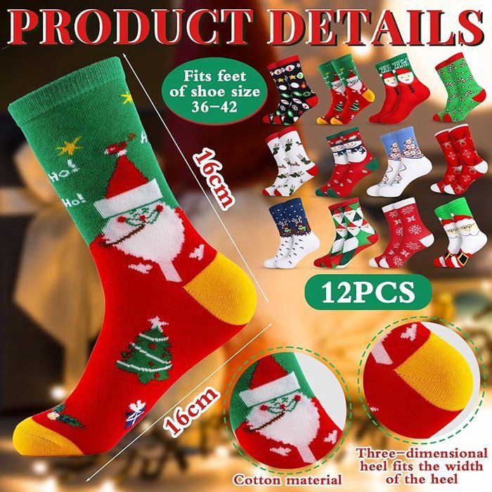 Pack 12 Paires De Chaussettes De Noël - Motifs Festifs Et Humoristiques - Cadeau Idéal Pour Hommes, Femmes, Enfants - Taille Unique En Coton Doux - 8